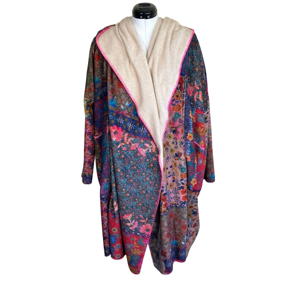 Natural Life Sz S/M Cozy Blanket Kimono Patchwork Floral Print Hood & Pockets - Picture 3 of 16